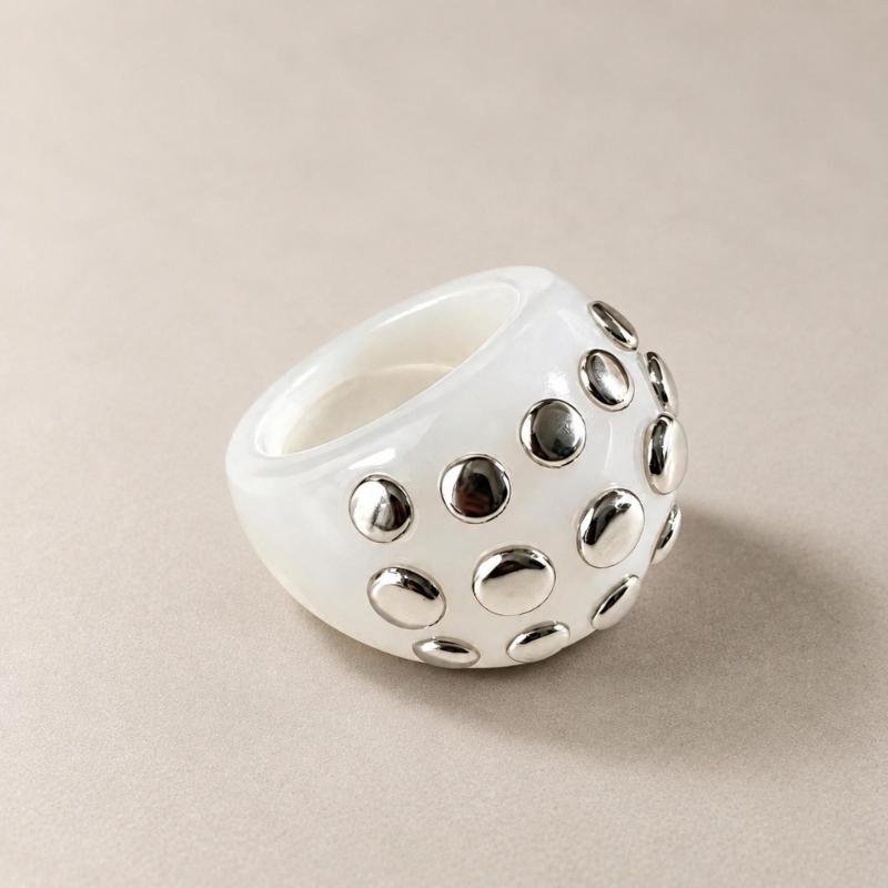 Resin Studded Ring Wide Bangle, Retro Metal Dot Statement Jewelry, Punk Y2K Bold Bracelet Ring for Women Party Daily Outfit