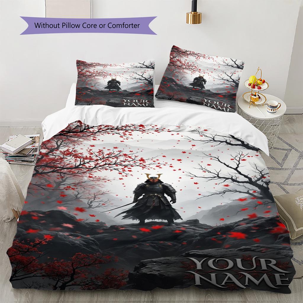 Name Custom Japanese Samurai Pattern Bedding Set Quilt Cover Pillowcase Home Decor Gift (1 * duvet cover + 2 * pillowcase, without core)