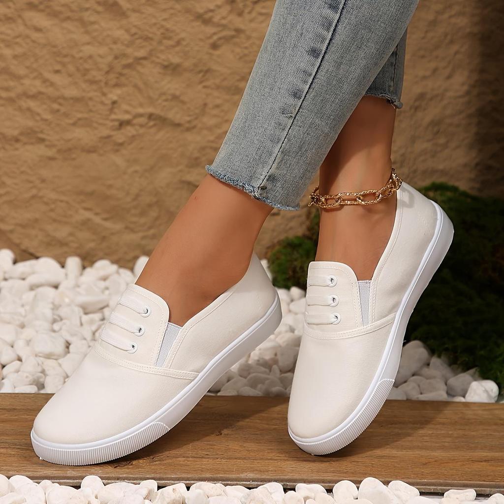 Womens Canvas Solid White Lightweight Color Minimalist Sneakers Lowtop Comfort Slip On Soft Sole Flat Shoes