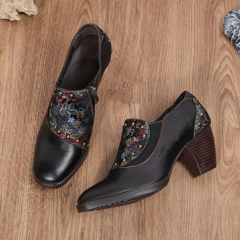 Johnature Genuine Leather Ethnic Style Pumps Women Shoes Handmade Fashion Rivet Side Zipper High Heels Ladies Shoes