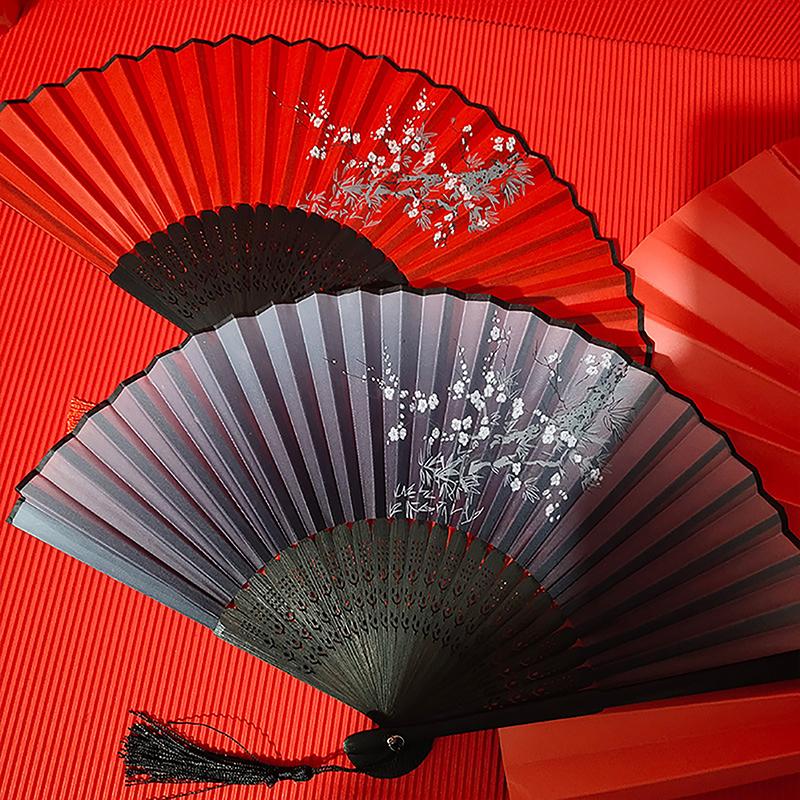 Vintage Chinese Style Folding Fan Bamboo Hand Fan Wooden Shank Classical Dance Fan With Tassel Elegent Female Fan Home Decor