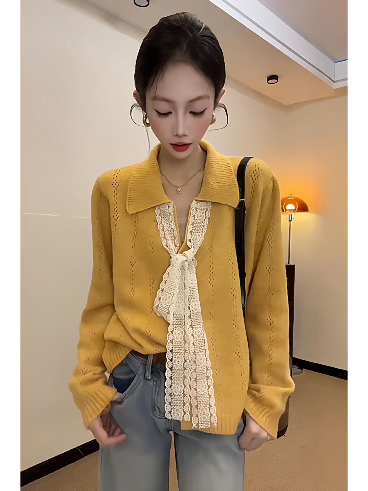 

Women s Trendy Lace-Up V-Neck Sweater: Autumn/Winter Hollow-Out Knit Cardigan S