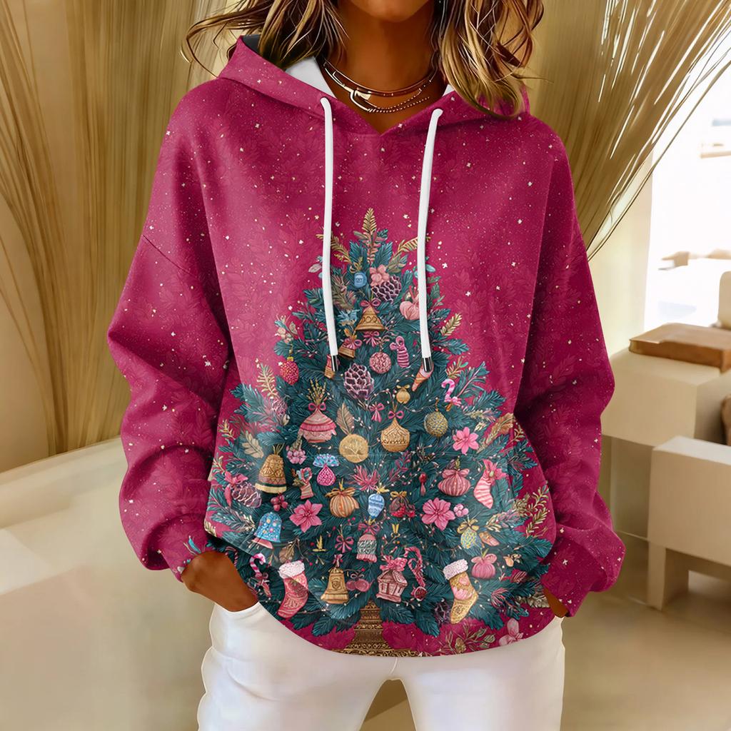 Women's Loose Comfortable Casual Fashion V-Neck Christmas Print Long Sleeve Hoodie