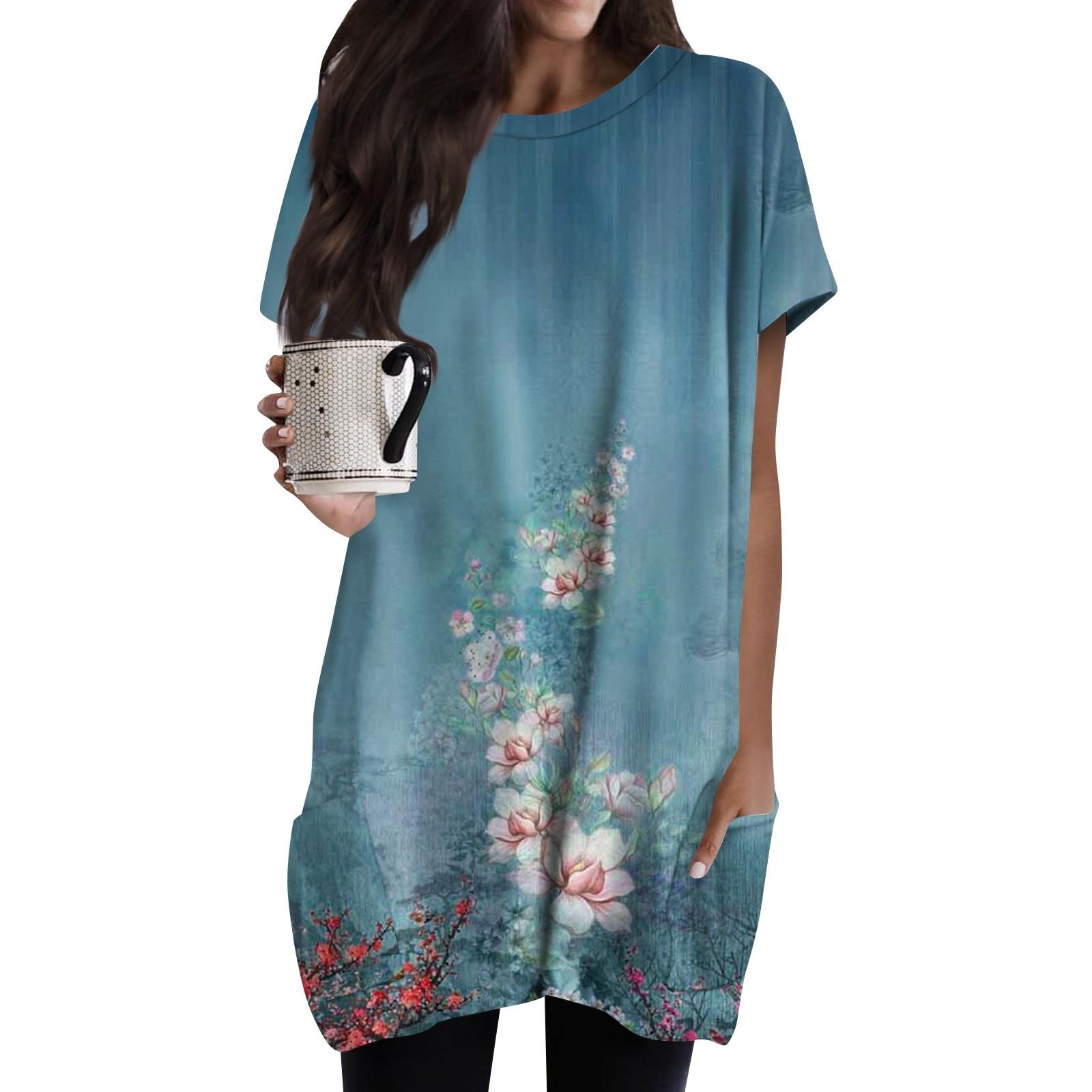 

Женская длинная футболка миди с круглым вырезом и карманом, винтажная длинная футболка с цветочным принтом и коротким рукавом XXL