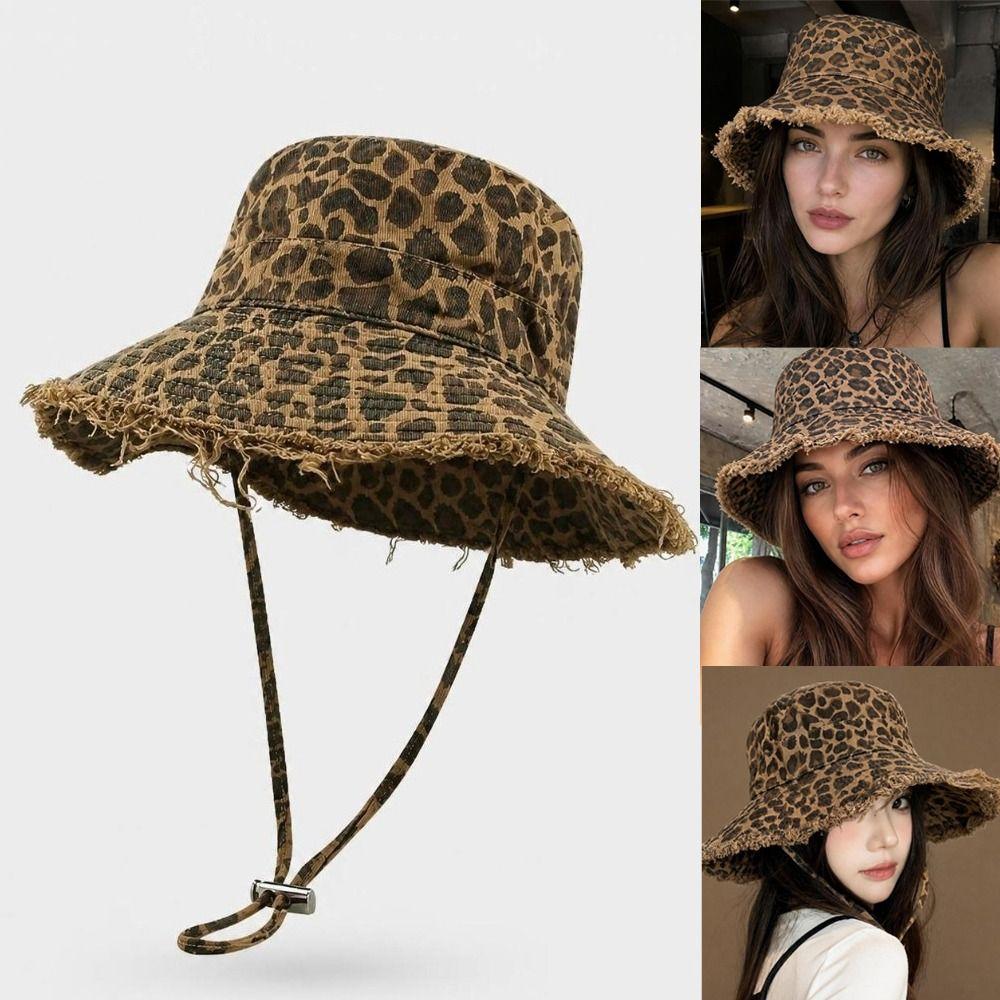 Leopard Print Women's Fisherman Hat Distressed Washed Mountaineering Hat Outdoor Activities