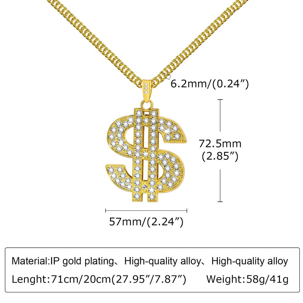 Vnox Gold Color Dollar Sign Necklaces for Men with Cuban Chain,Hip Hop Money Dollar Pendant Collar Party Jewelry