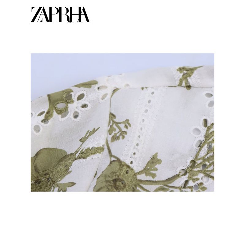 Zaprha 2025 New Arrival Beautiful Western Style Flower Print Cut Out Embroider Short Sleeve Tops Shirt for Women 3551670