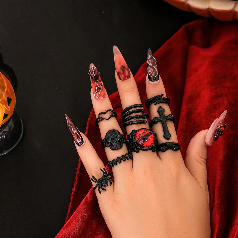 9 Stück/Set Goth Schwarze Teufelsauge Totenkopf Spinne Handflächenringe für Damen Vintage Kreuz Jesus Herzringe Halloween Schmuck Geschenk Neu