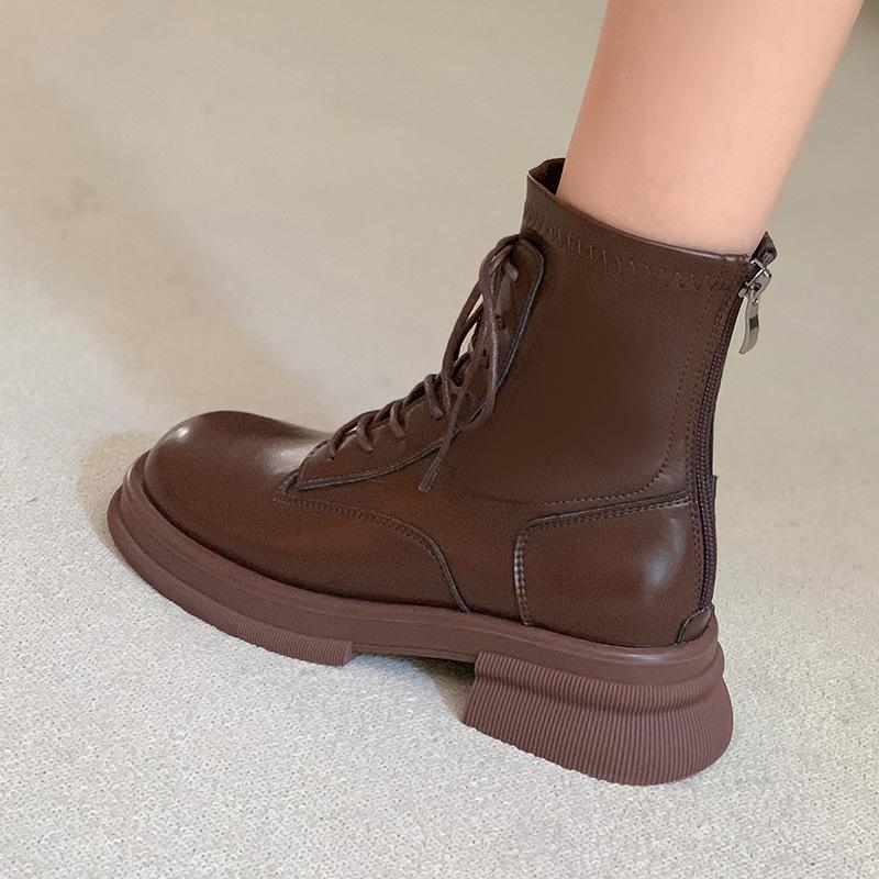 thick-soled Martin boots short boots women's leather spring and autumn single boots British style college lace-up elasticity increases and looks thin