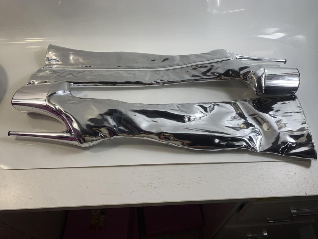 20Cm Knee Boots, Long Boots, All Silver Performance Shoes, Silver Plated Soles