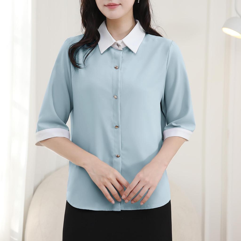 Shirt Blouse for Short Body Going Dress Summer [Yino] Women, Sleeve, Bicolor, Collared, Smooth, Covering, Slimming, Simple, Neat, Stylish, Commuting,