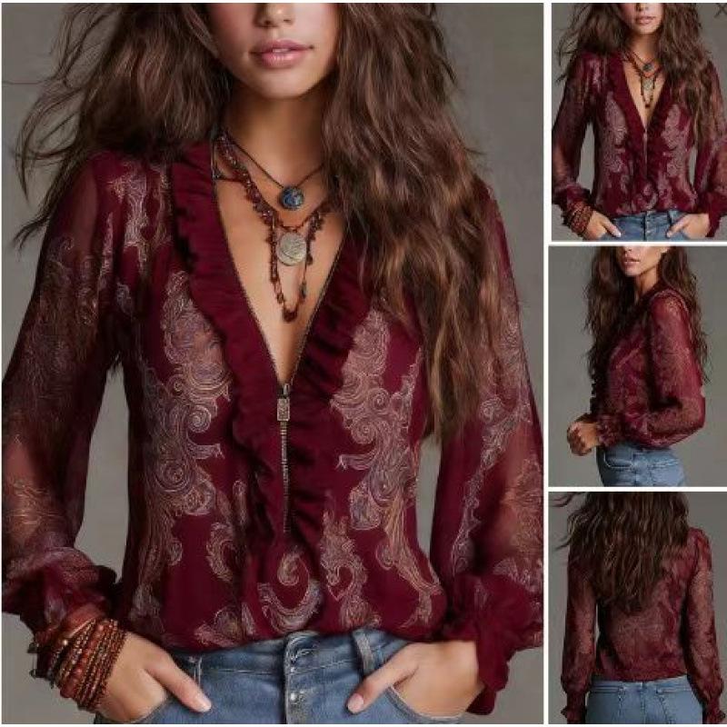 European and American deep V-neck paisley frilly print chiffon shirt top