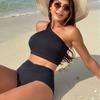 Costume da Bagno Bikini Due Pezzi Monospalla a Vita Alta Tinta Unita per Donna