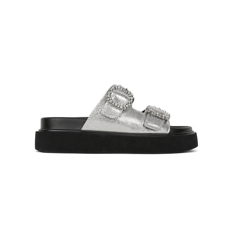 

Sheepskin version~ High-value thick-bottomed casual one-word slippers for women s summer outer wear 2025 spring height-increasing cool slippers 40