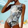 Women Plus Size High Round Neck Sleeveless One Piece Geometric Printed Swimsuit