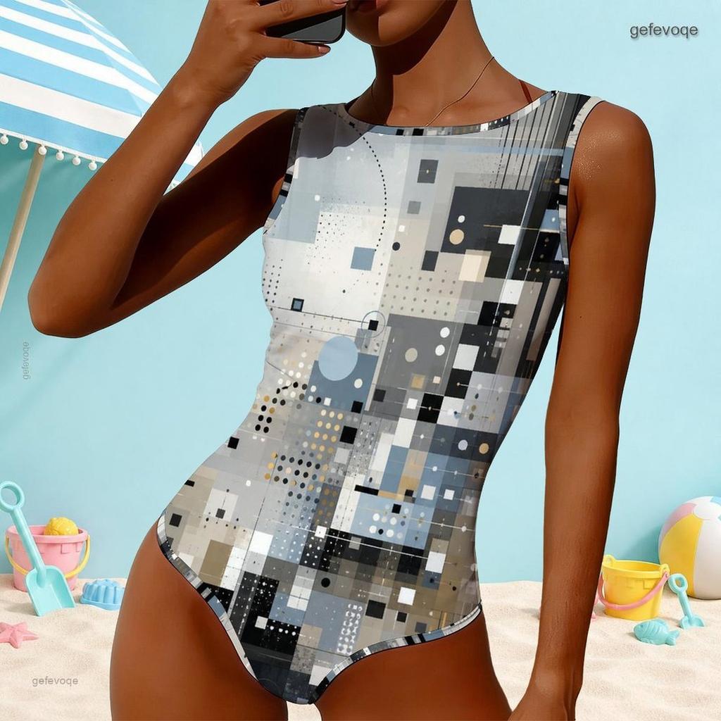 Women Plus Size High Round Neck Sleeveless One Piece Geometric Printed Swimsuit