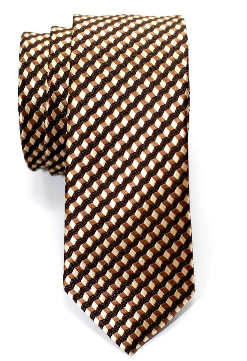 (RETREEZ) Wavy Zigzag Stripe Pattern Woven Fabric Slim Tie - Brown