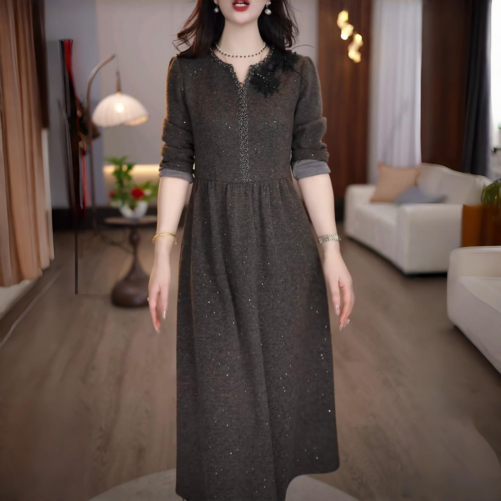 

2025 Women s Thickened Autumn/Winter Dress with Concealing Tummy and Inner Coat Layer XL for 115-125 lbs серый