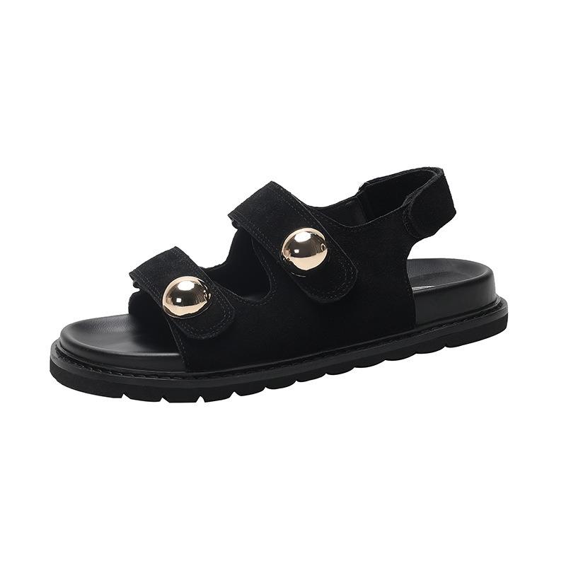 Leather Platform Flat Heel Casual Shoes Hollow Muffin Bottom Open Toe Velcro Large Size Sandals Women