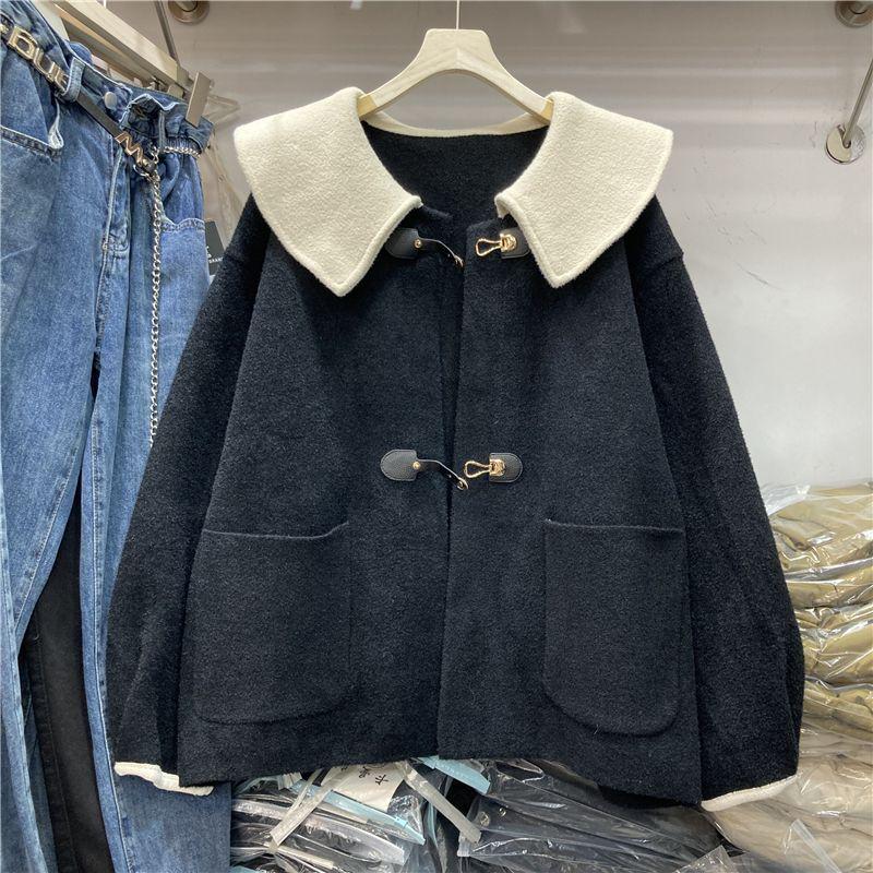 

Пальто из смесовой шерсти в стиле колор-блок в корейском стиле с воротником Питер Пэн для женщин XL for 60-68 kg чёрный