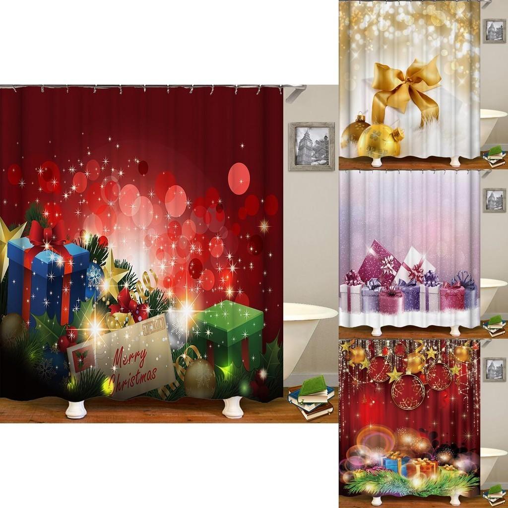Festive Christmas Gift Boxes In Snow Shower Curtain Waterproof Fabric With Hooks