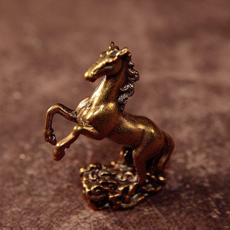 Brass Horse Statue Cloud Base Antique Luck Decor Feng Shui Success Desk Ornament Zodiac Animal Collectible Zodiac Collectible