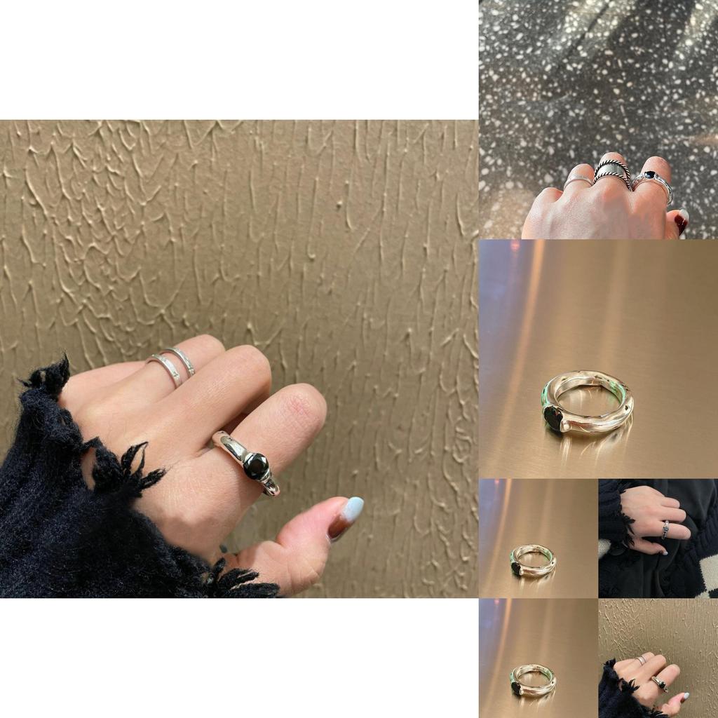 Einzigartiger Japanischer Minimalistischer Gehammerter Schwarzer Zirkonsteinring Für Damen Verstellbare Größe Stilvoller Paarschmuck