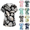 Women's V Neck Short Sleeve Hawaiian Print Scrub Top with Pocket for Work