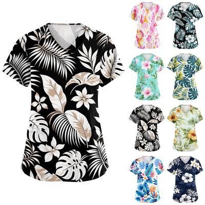 Women's V Neck Hawaiian Print Short Sleeve Vacation Top with Pocket Medical Scrub Shirt Lightweight Comfortable Fit