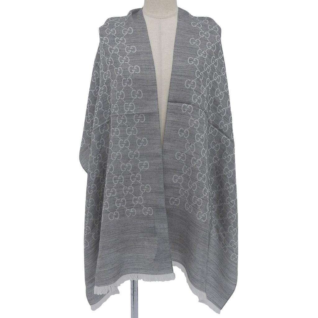 Excellent GUCCI Stall GG pattern with fringe gray wool Women Used