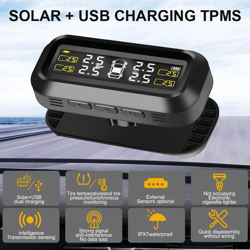 Solar Power External Sensor TPMS Tyre Pressure Monitoring 2025 Auto Security Alarm Tyre Pressure Car System Digital LCD Display