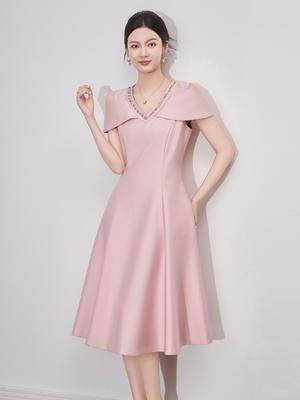 Elegant French V-Neck Off-Shoulder Summer Evening Dress - Light Luxury Studded Waist-Hugging Design