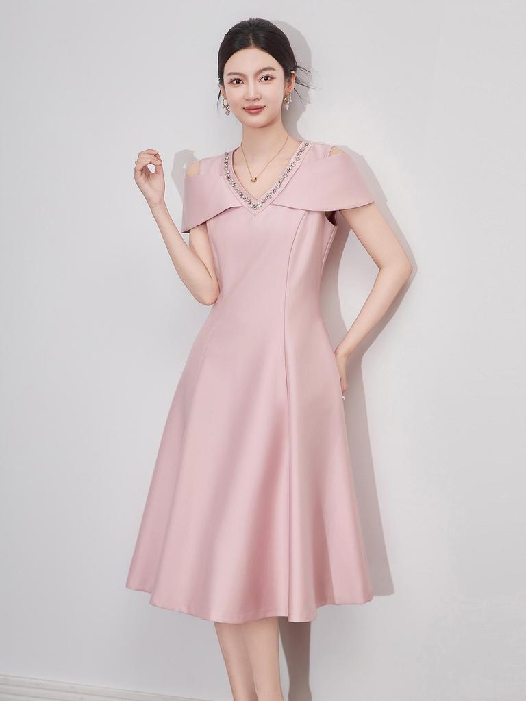 Elegant French V-Neck Off-Shoulder Summer Evening Dress - Light Luxury Studded Waist-Hugging Design