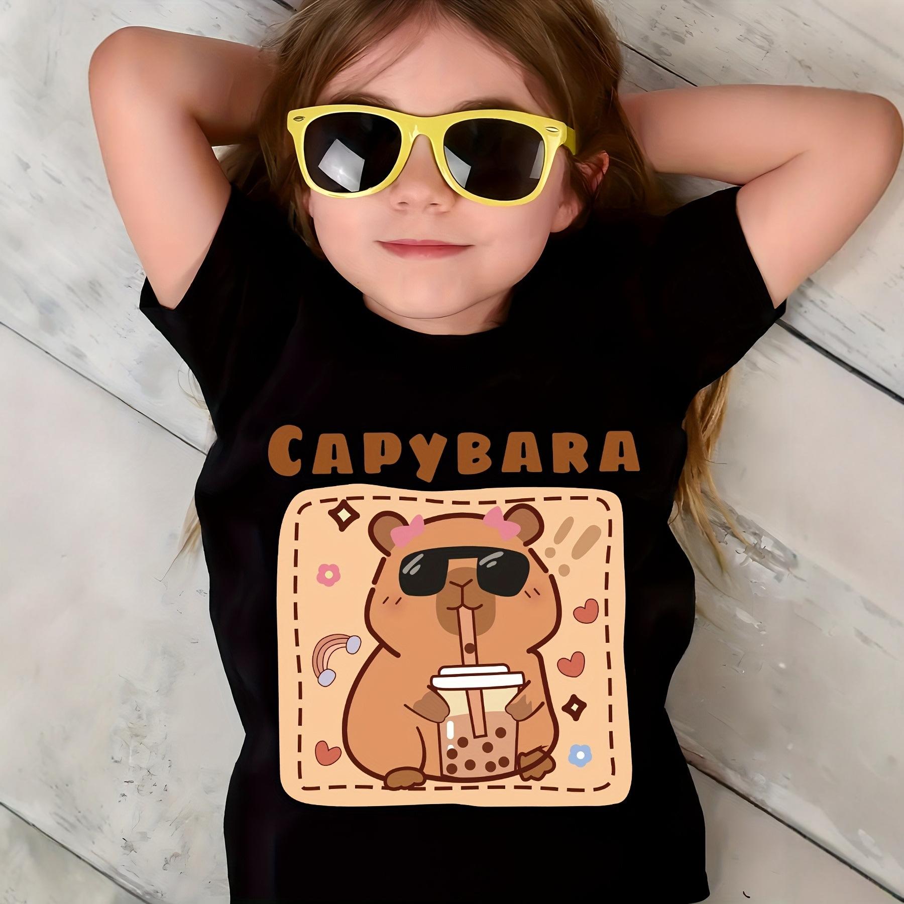 

Capybara Pattern Printed Children s T-shirt Specially Designed for CAPYBARA to Wear Sunglasses and Drink Milk Tea 1-2Y чорний
