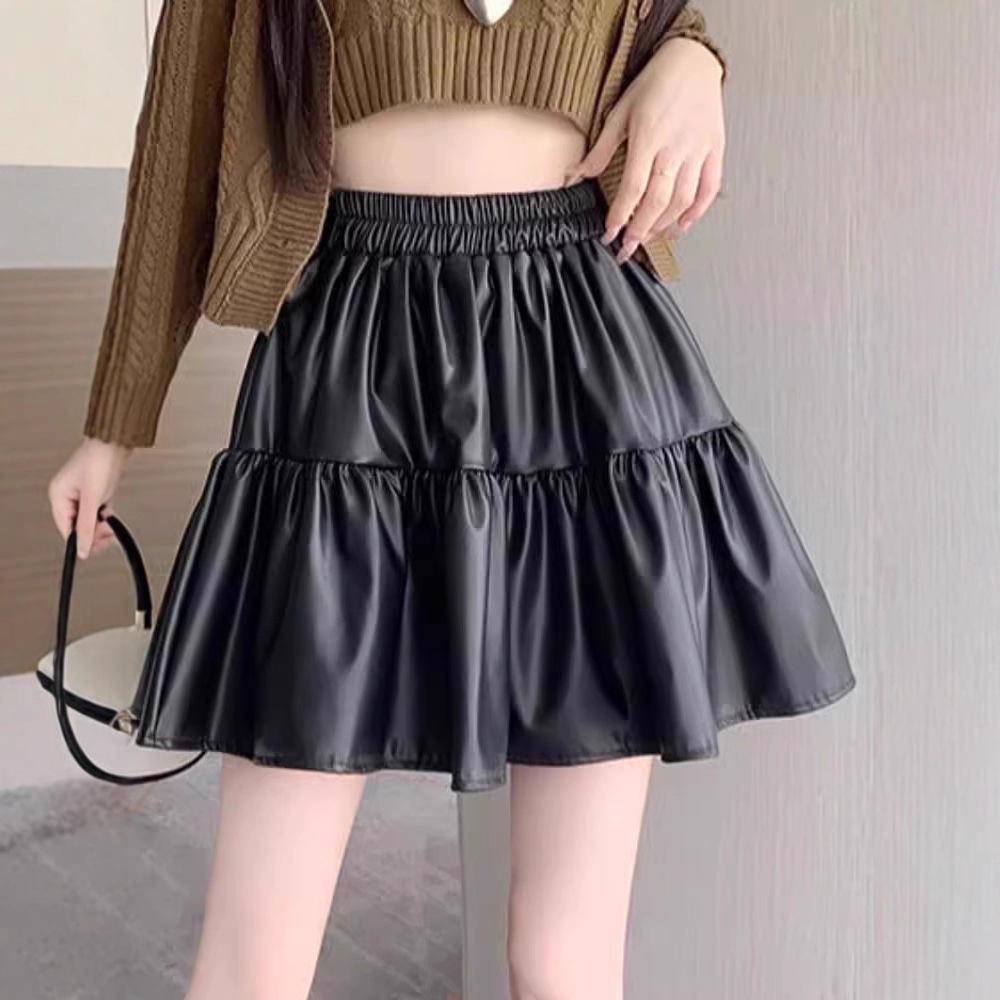 Spring Plus Size Coffee PU Leather High Waist Pleated A-line Skirt for Women