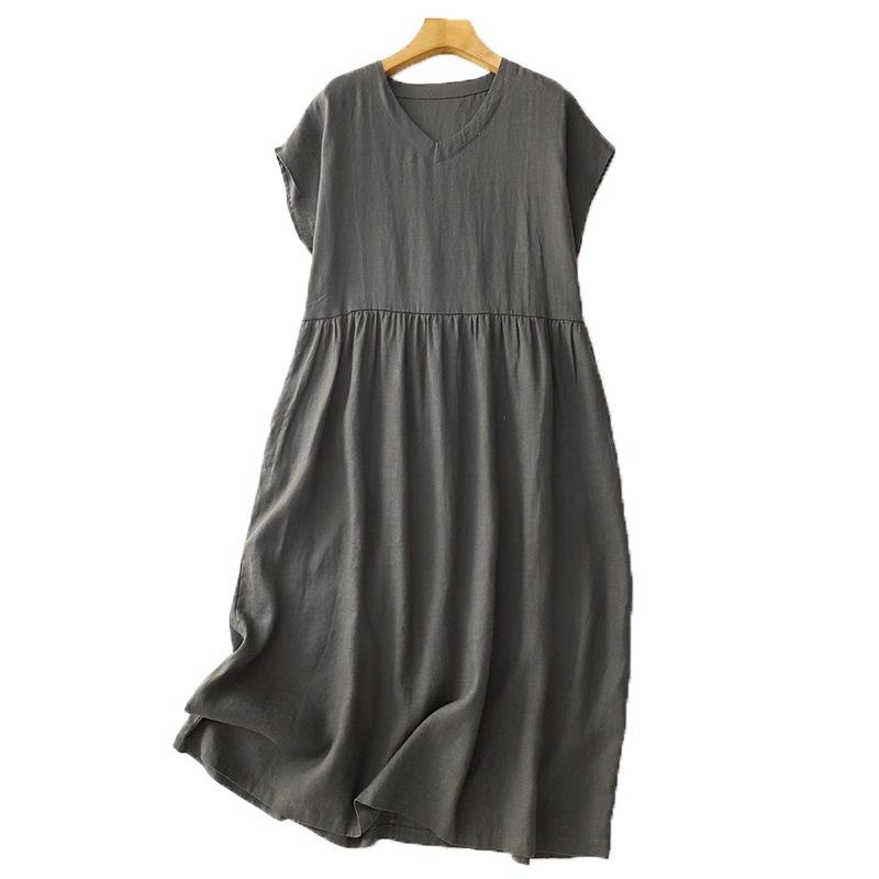 2025 Summer New Simple V-neck Short-sleeved Cotton and Linen Dress Women's Loose Solid Color Medium and Long Dress