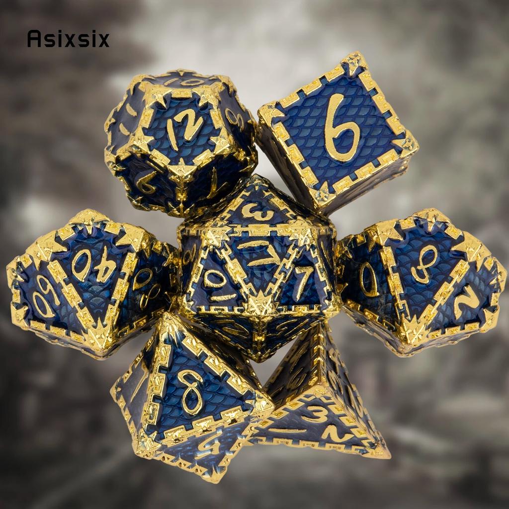 7 Pcs Blue Golden Fish Scale Metal Dice Solid Metal Polyhedral Dice Set Suitable for Role-Playing RPG  Board Game Card Game