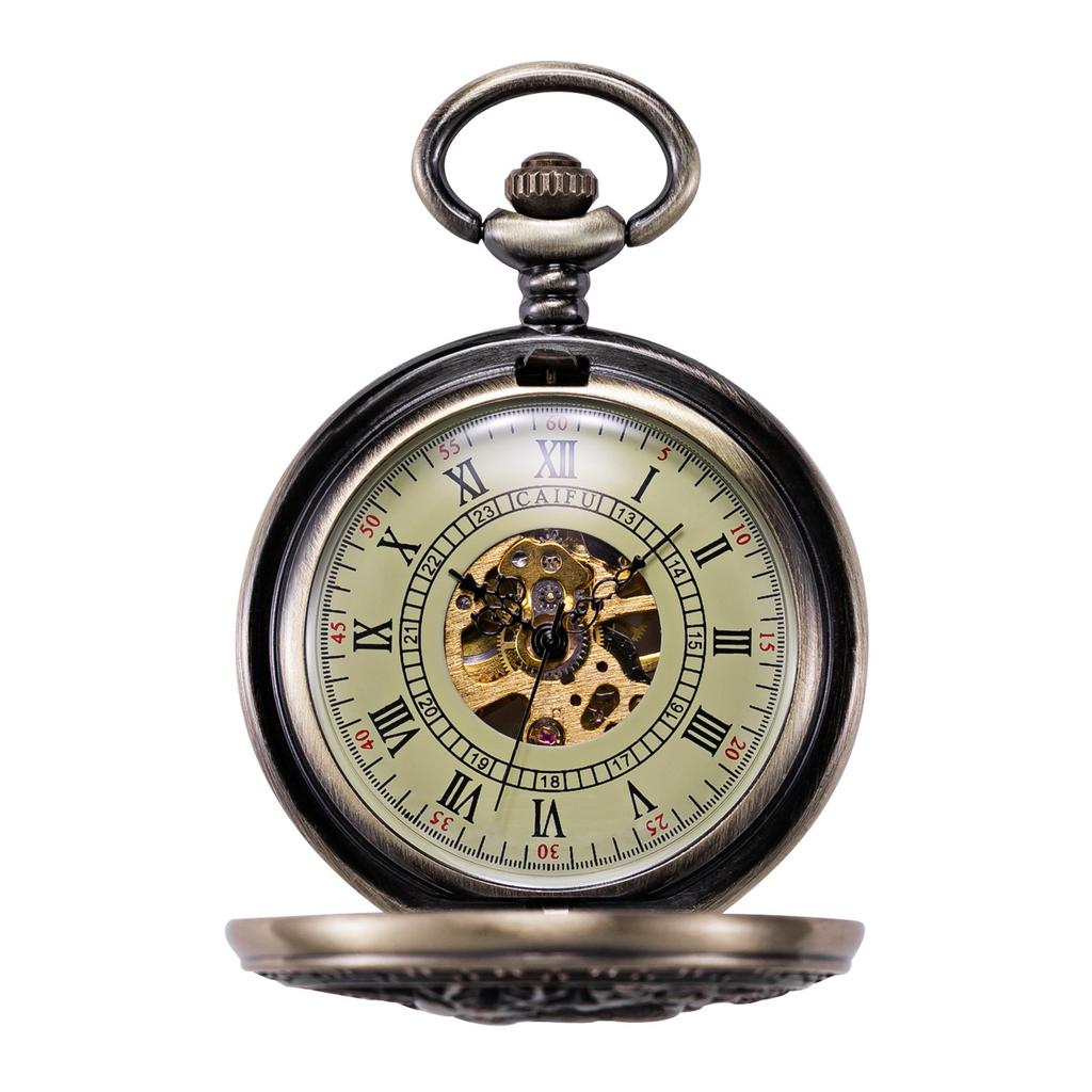 TREEWETO Mechanische Taschenuhr mit Hirsch-Design, Hohlgehäuse, Steampunk-Bronze, Römische Ziffern und Kette