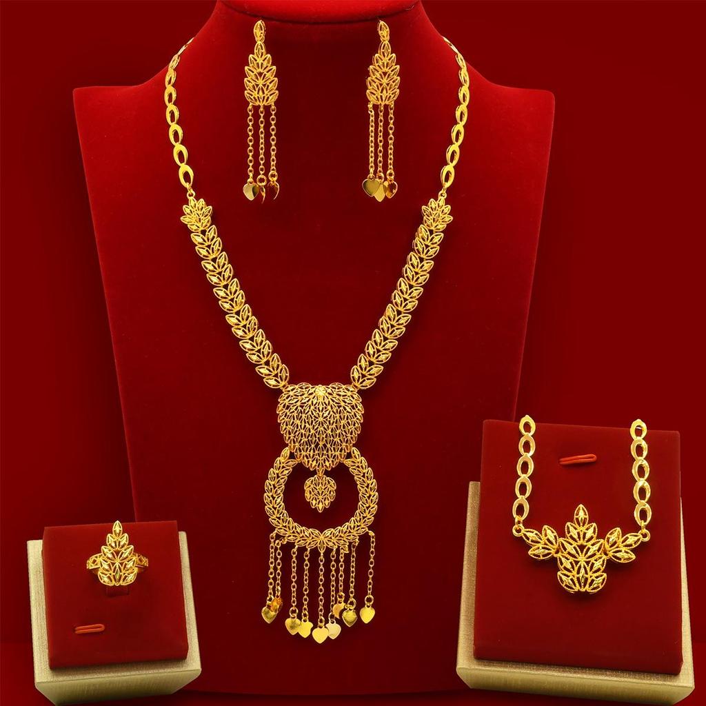 Dubai Wedding Jewelry Set: Ethnic Brass Gold-Plated Necklace, Earrings, Ring, and Bracelet.