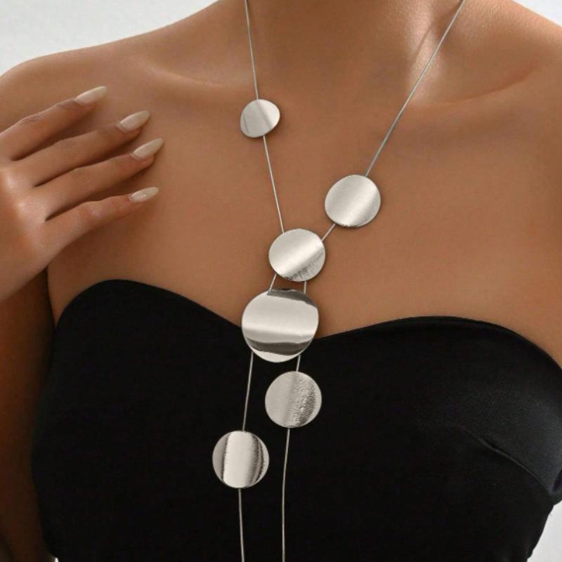 Temperament Geometric Round Piece Long Necklace Women'S Personality Y-Shaped Tassel Collarbone Chain