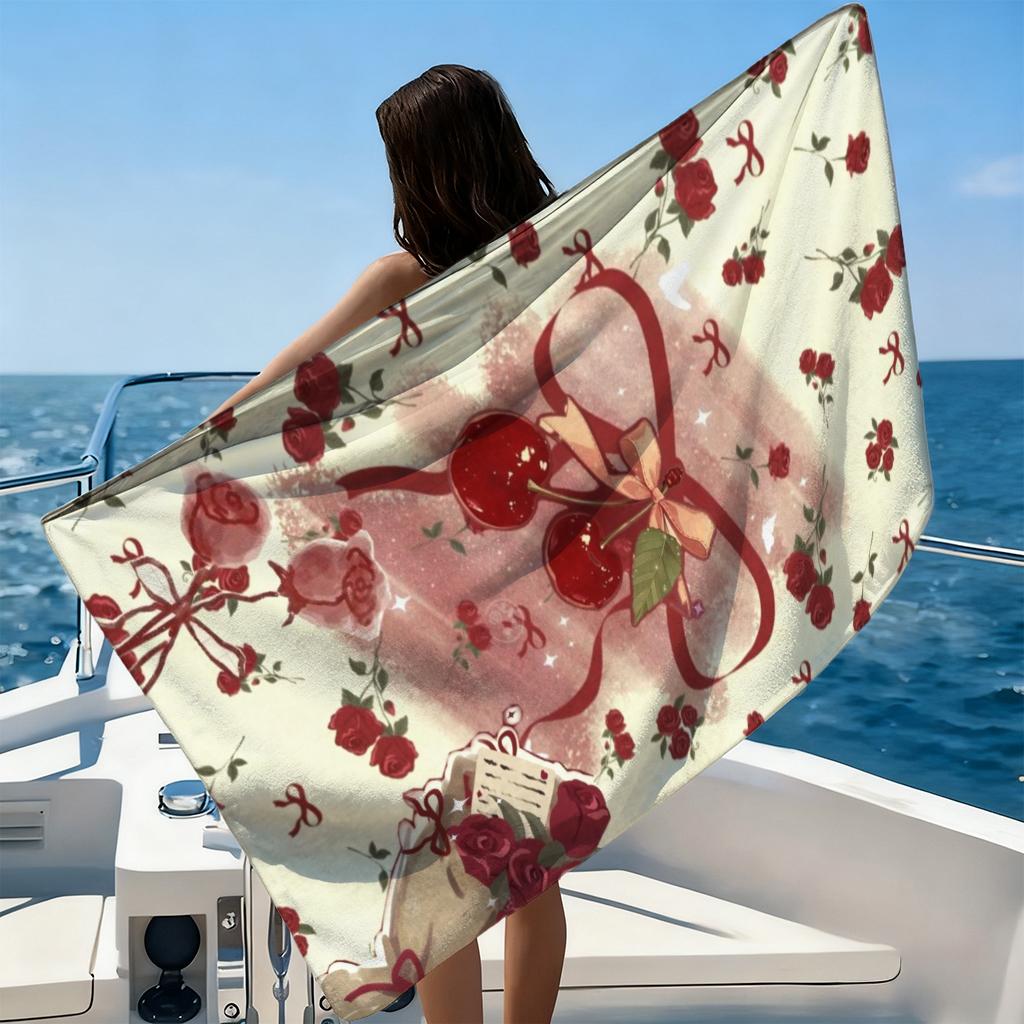 Romantic Cherry&Rose Bow Beach Towel Absorbent Microfiber Quick Dry Sand Resistant Towel For Beach Yoga Swimming Bath Gym Travel