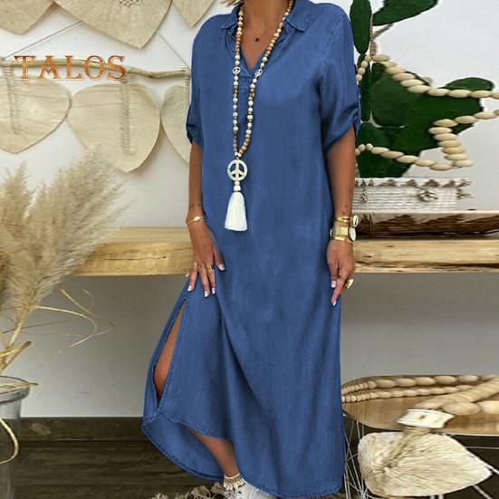 Fall Spring Lady Dress V Neck Loose Short Sleeves with Cufflink Split Hem Plus Size Dress Solid Color Buttons Pullover A-line Daily Wear Beach Maxi