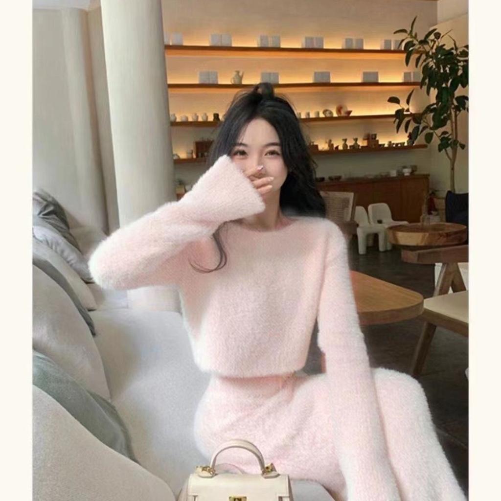 Woman Winter Skirt Sets O-neck Solid Knitted Sweater Mid-calf Skirts Vintange Fashion Two Piece Sets Womens Outifits