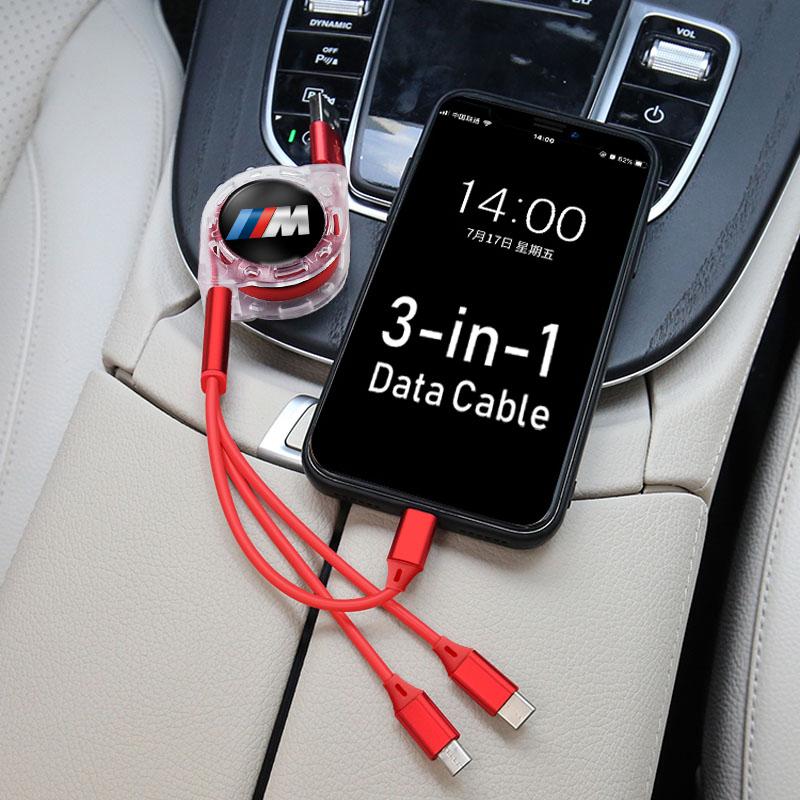 1PCS 3-in-1 Data Cable Car M Emblem Micro Telescopic Charger Valve Cap For BMW X1 X2 X3 X5 X4 X6 X7 iX3 F20 F10 F07 E70 E46 E