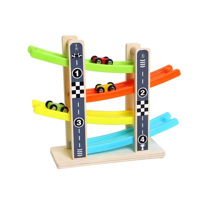Jungen- und Mädchengeschenke Holz-Rennbahn Auto-Rennfahrer mit 4 Autos Kleinkindspielzeug