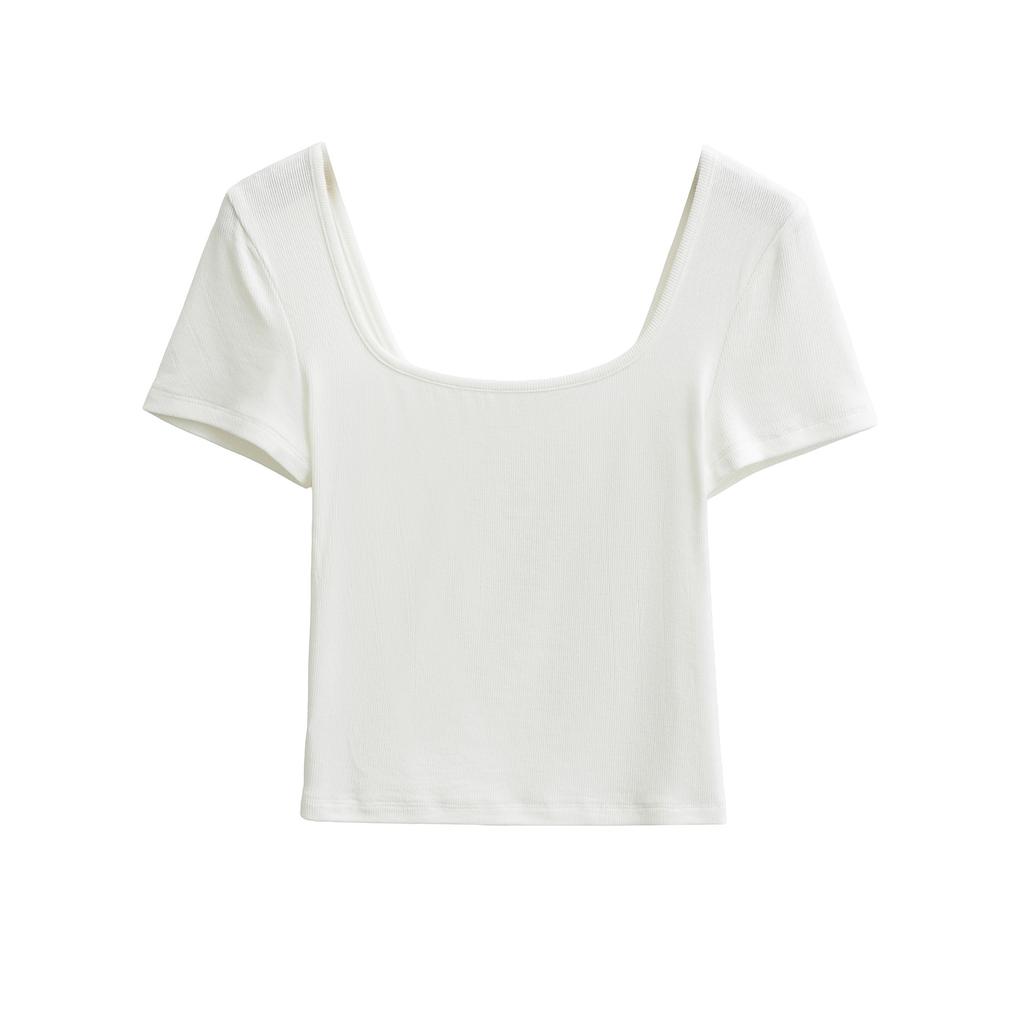 Square neck short-sleeved T-shirt women's summer new American Spice Girl solid color slim-fitting and thin bottoming top