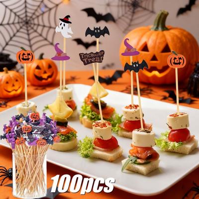 Spiedini di Frutta di Halloween 100 Pezzi/confezione, Spiedini da Cocktail Monouso Casuali Zucca Fantasma, Spiedini di Bambù