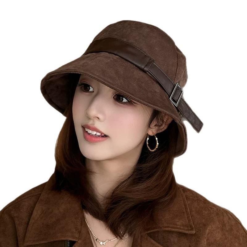Retro Suede Basin Hat Women's Autumn and Winter Retro Leather Buckle Bucket Hat Shows Small Face Deepened Thickened Plain Sun Hat