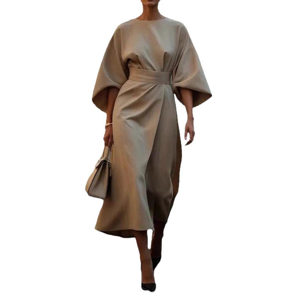 2025 Women's Elegant Waist-Hugging Long Dress with Batwing Sleeves