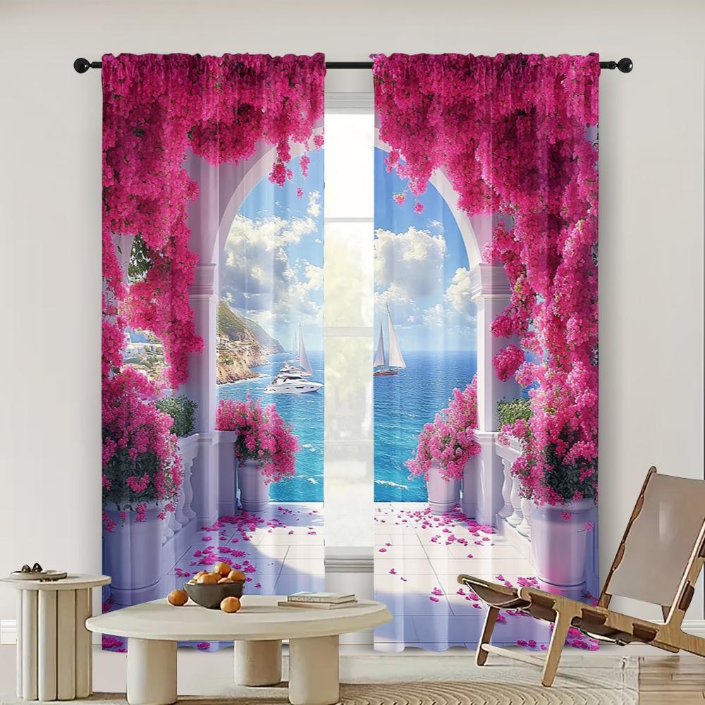 2pc,  Curtain depicts a waterfront arch surrounded by flowers Versatile Polyester,Without Electricity Birthday Party Suitable